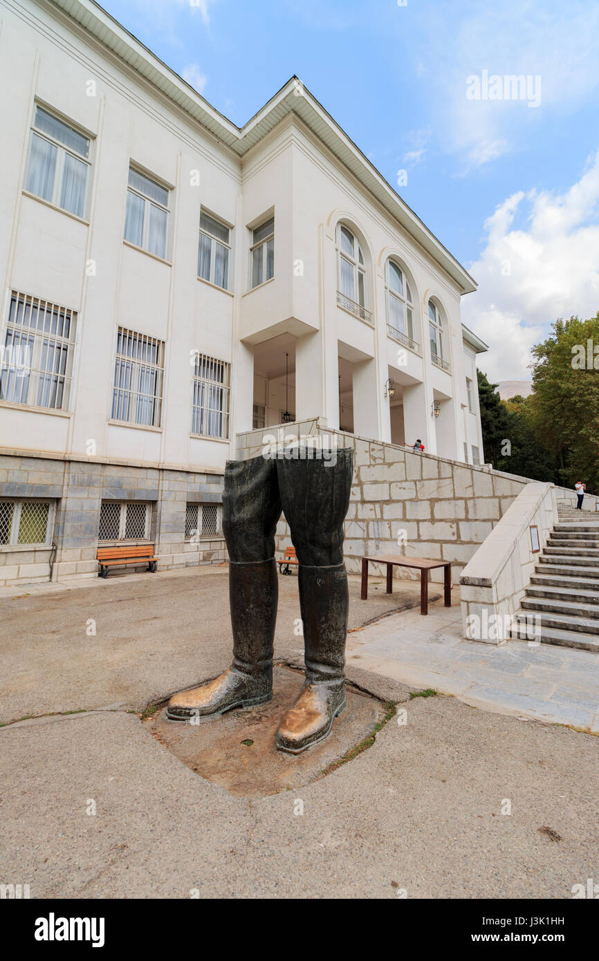 Reza Shah boots statue in front of The Mellat Museum. Sa'dabad Palace Complex, Tehran, Iran Stock Photo