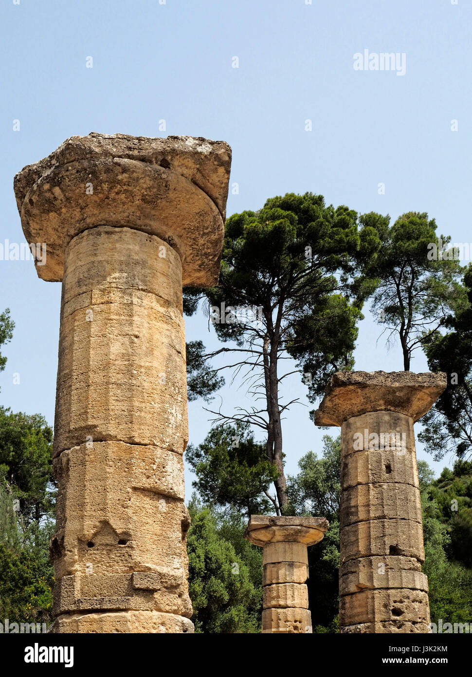 Doric columns from Temple of Hera ruins in Olympia. Stock Photo