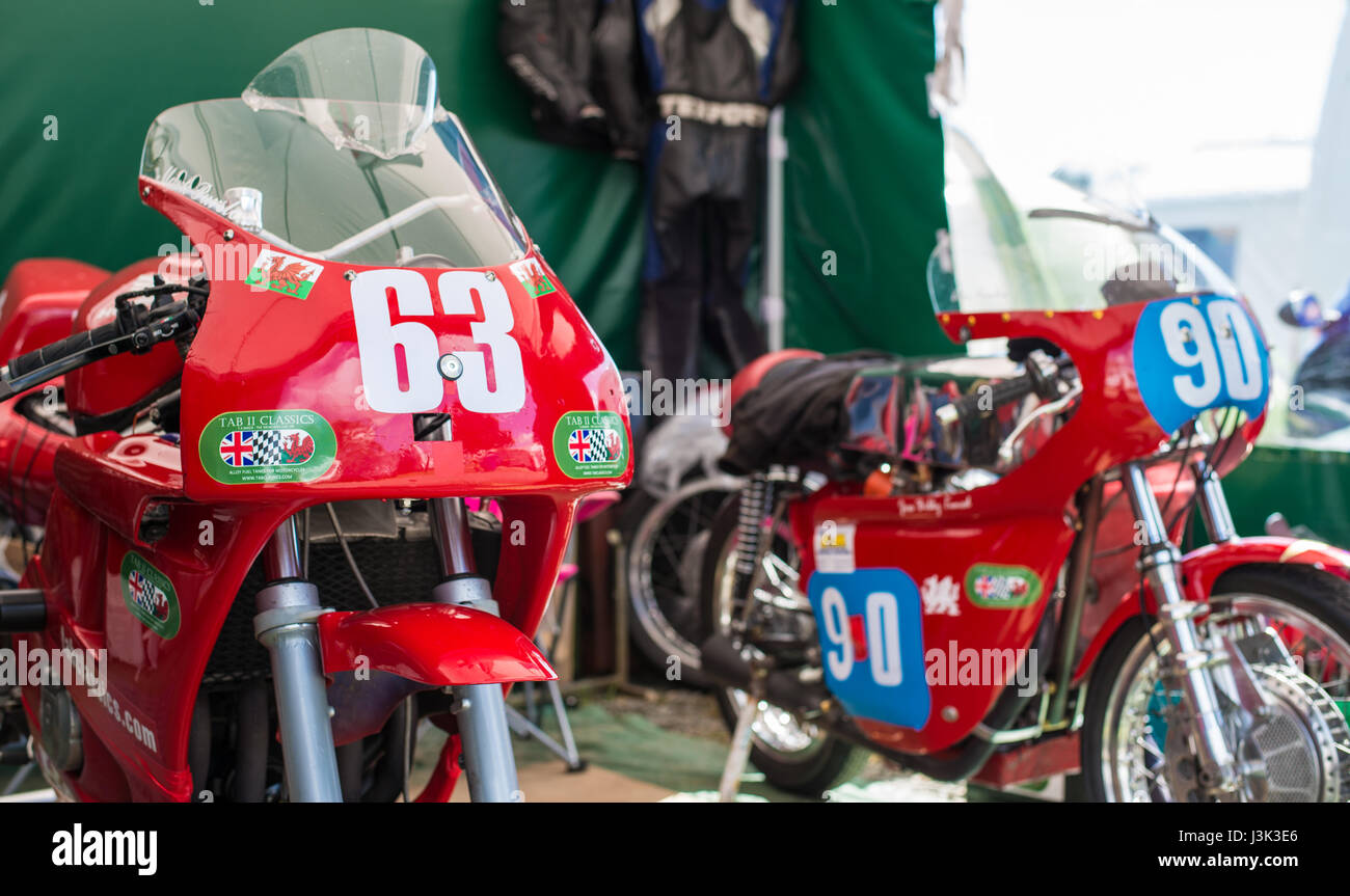 Classic racing bikes at Manx Grand Prix Festival, TT Grandstand, Isle of Man Stock Photo