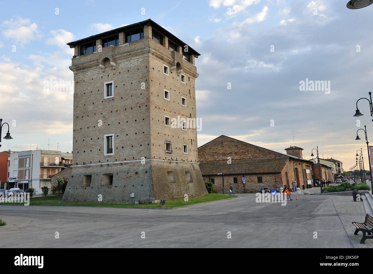 San Michele tower and the old salt deposit and Salt Museum, salt flats, Cervia, Emilia Romagna, Italy Stock Photo