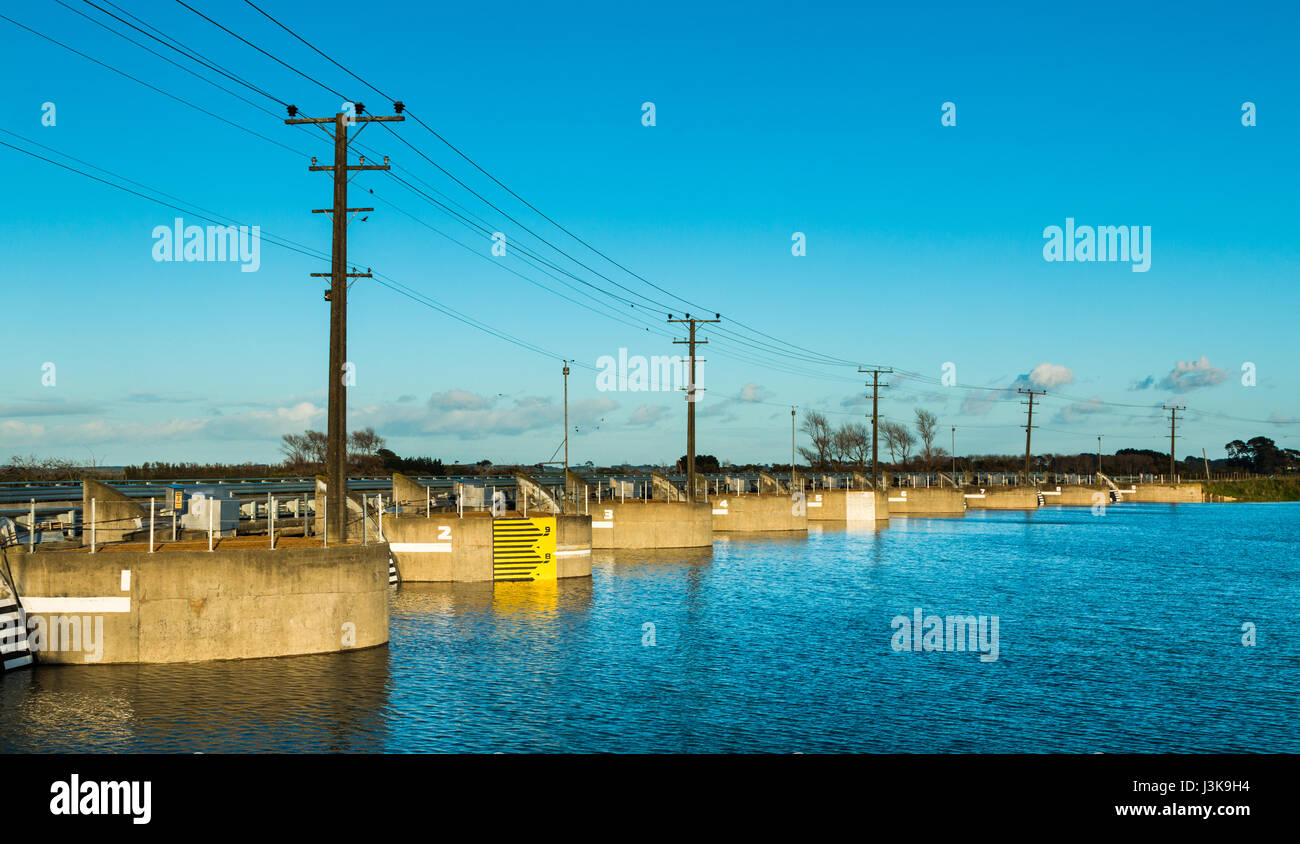 Moutua sluice gates is part of the Manauatu river control Stock Photo