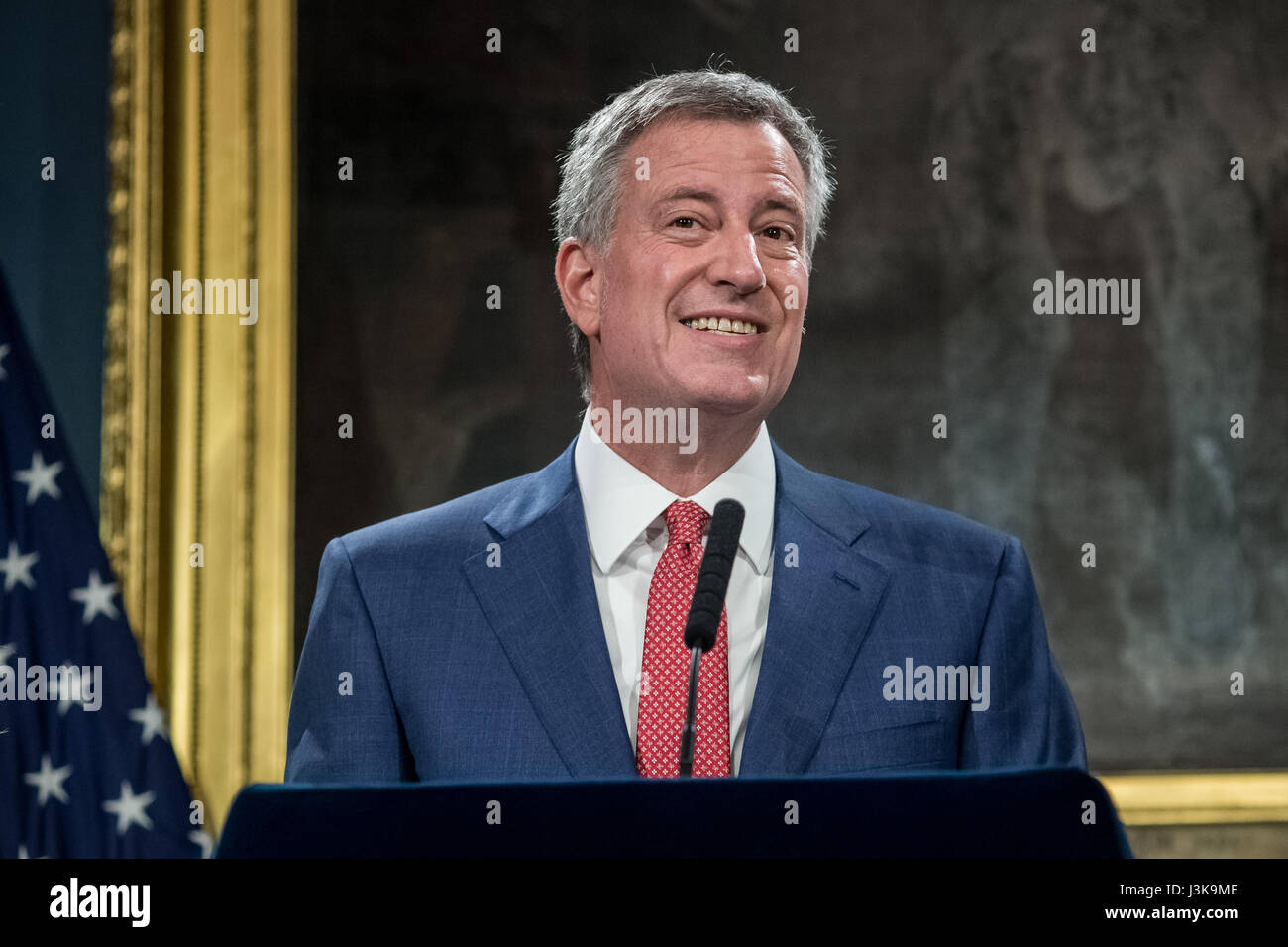 New York, United States. 05th May, 2017. Mayor Bill de Blasio is seen during the press conference. New York City Mayor Bill de Blasio, joined by U.S. Congress members representing districts in New York City, held a press conference in the Blue Room at City Hall to announce a federal budget deal allowing for $68 million of reimbursements by the federal government for the City's expenses in protecting Trump Tower and the Presidential First Family. Credit: Albin Lohr-Jones/Pacific Press/Alamy Live News Stock Photo
