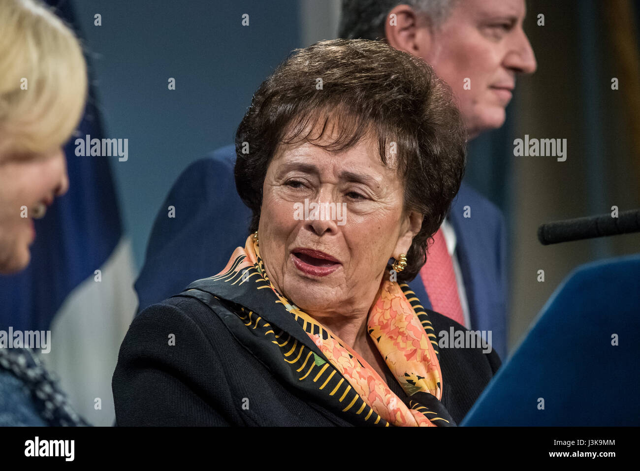 New York, United States. 05th May, 2017. U.S. Representative Nita Lowey (D - NY 7th District) is seen during the press conference. New York City Mayor Bill de Blasio, joined by U.S. Congress members representing districts in New York City, held a press conference in the Blue Room at City Hall to announce a federal budget deal allowing for $68 million of reimbursements by the federal government for the City's expenses in protecting Trump Tower and the Presidential First Family. Credit: Albin Lohr-Jones/Pacific Press/Alamy Live News Stock Photo