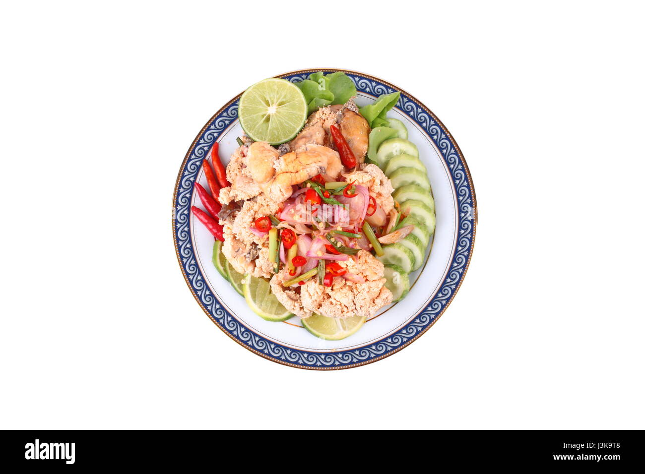 Thai recipe,Spicy sour carp eggs of silver barb fish salad topped red chili,green lemon,shallots,cucumber,red onion and lettuce ,call Yum Khai Pla Ta  Stock Photo