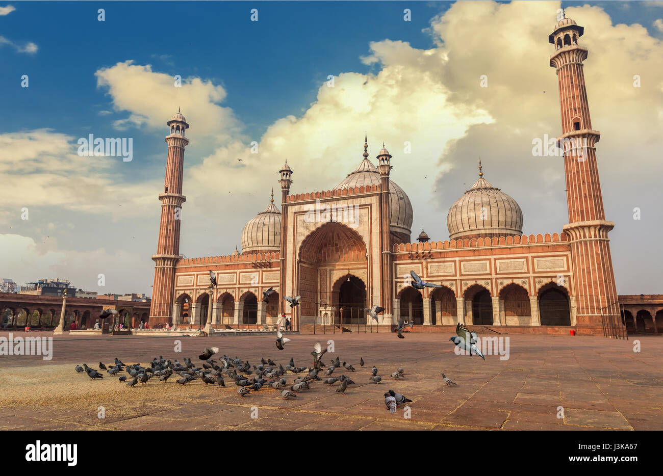 Historic Jama Masjid mosque also known as the Masjid-i Jahan-Numa at Delhi is one of the largest mosques in India built by Mughal emperor Shah Jahan. Stock Photo