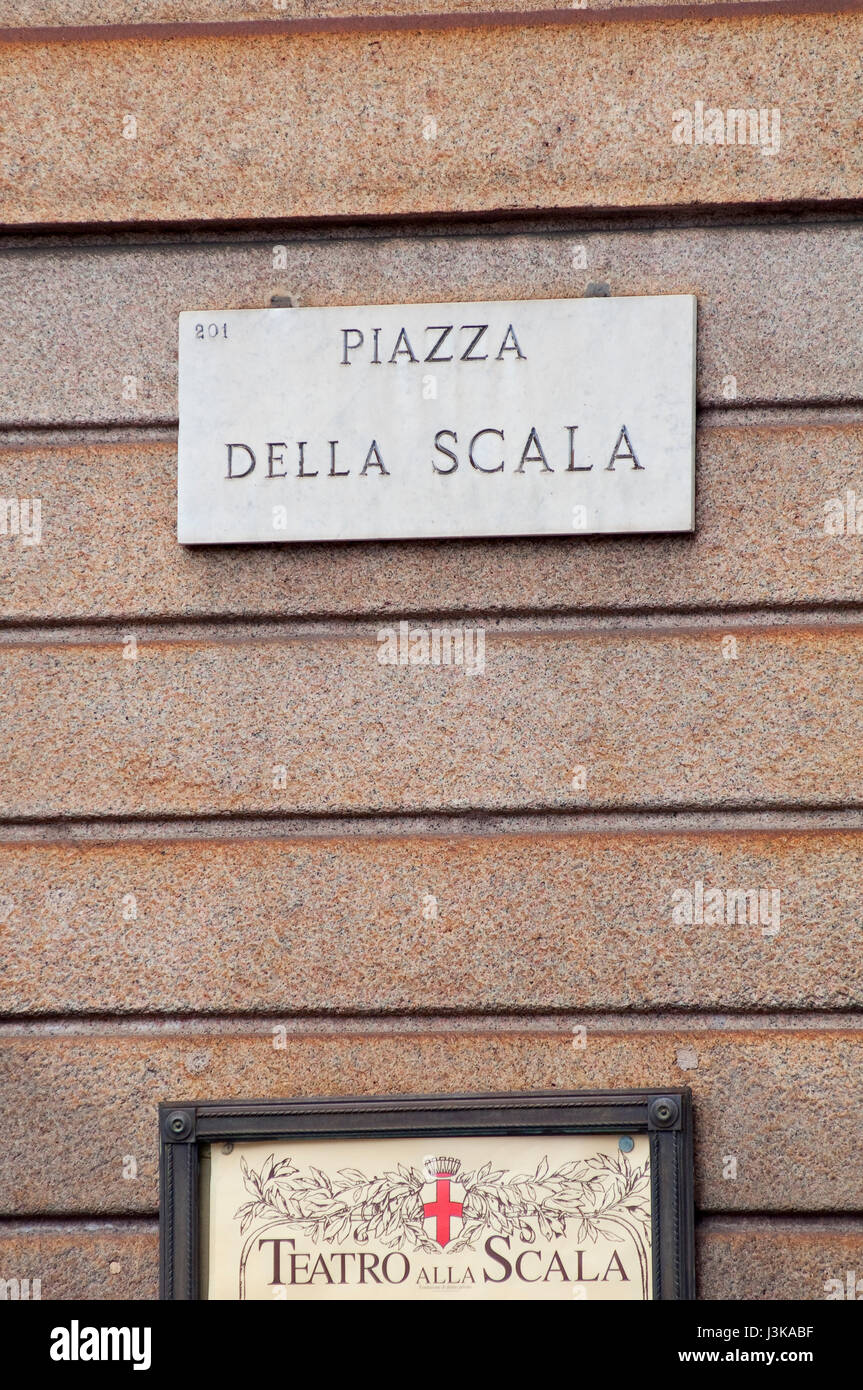 Italy, Lombardy, Milan, Square Sign Piazza Della Scala Stock Photo