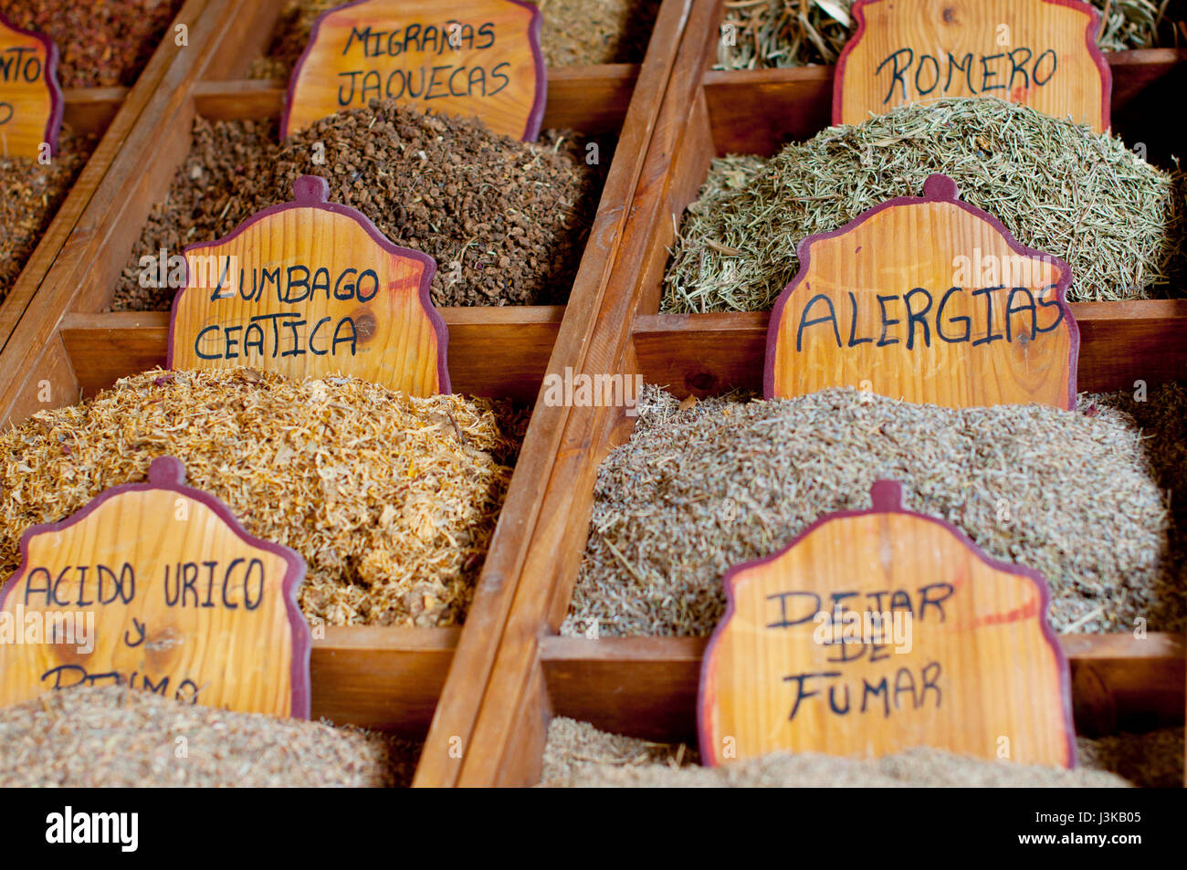 Herbal teas in a fair stand labeled in Spanish Stock Photo Alamy