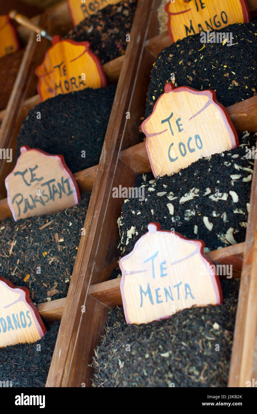 Herbal teas in a fair stand labeled in Spanish Stock Photo Alamy