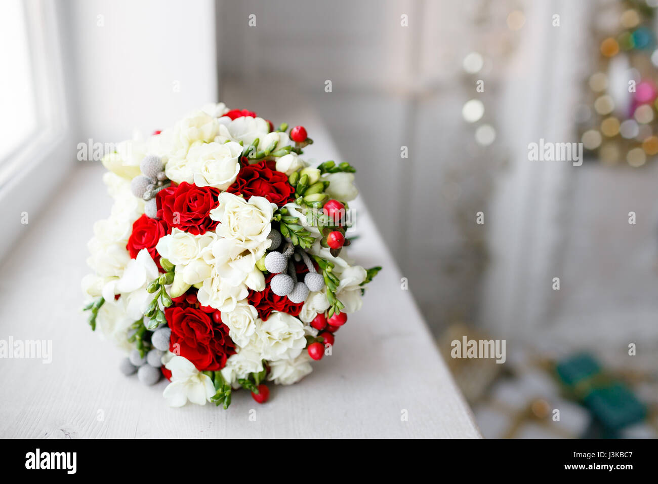 Bridal Bouquet Close Up Red And White Roses Freesia Brunia