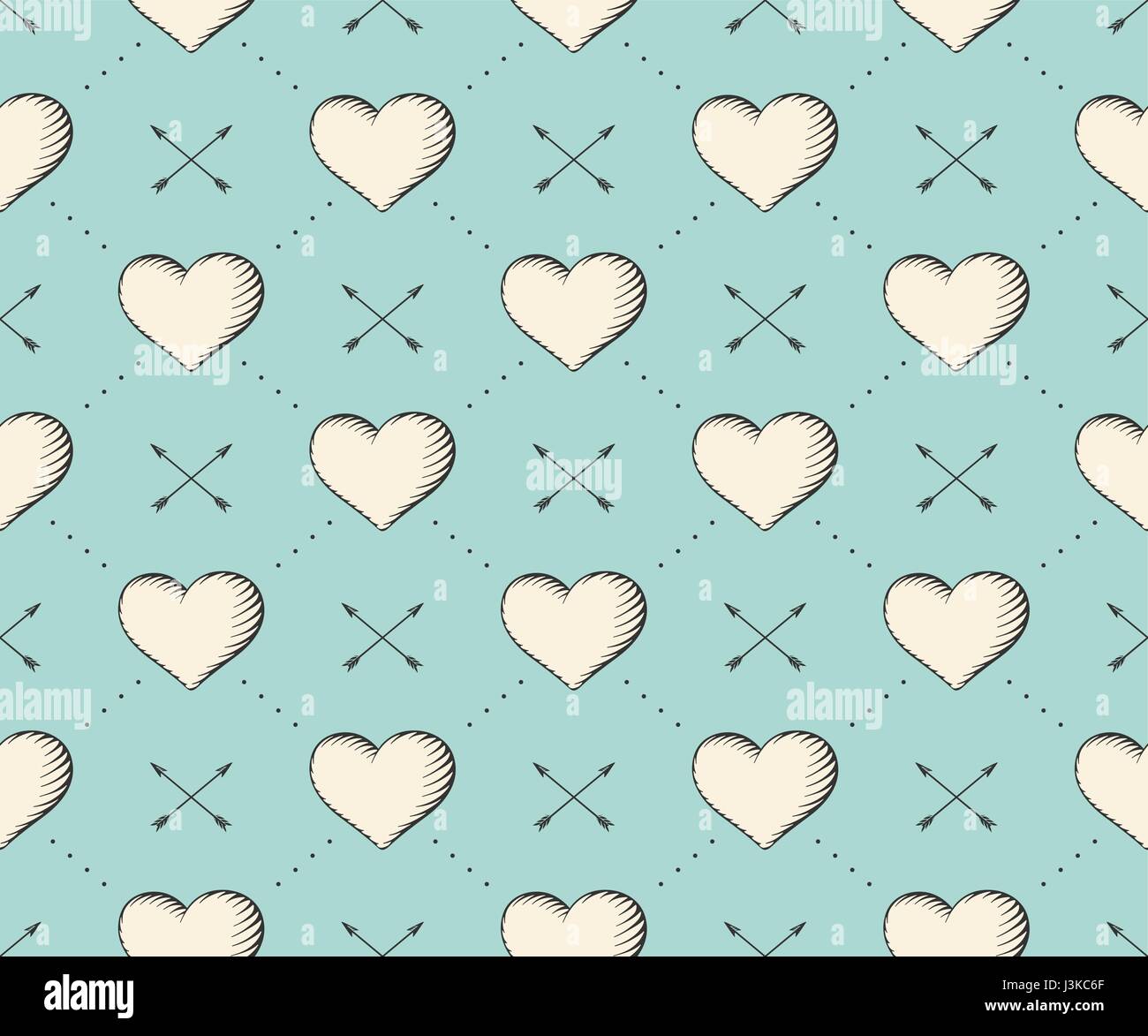 Seamless pattern with heart and arrows in vintage style engraving on a Stock Vector