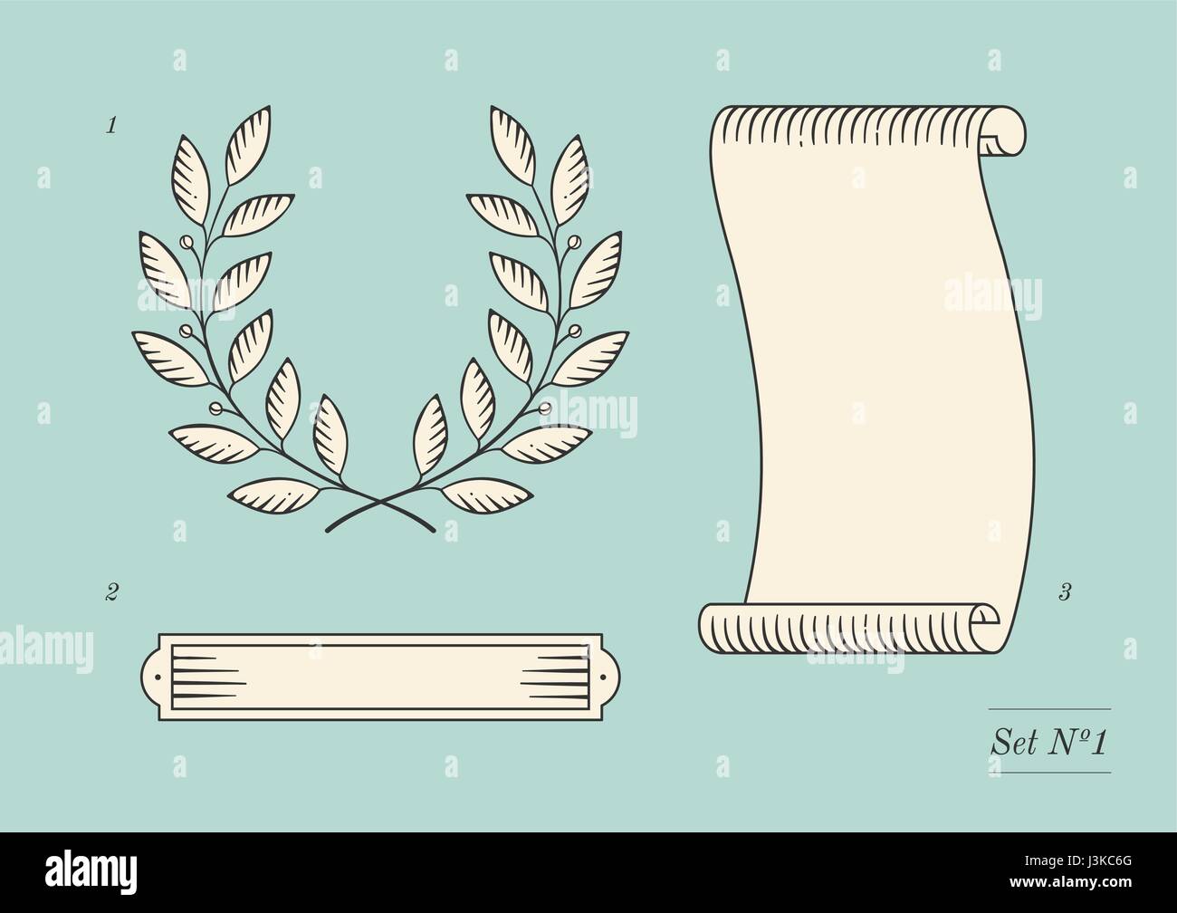 Set of old vintage ribbon banner and laurel wreath in engraving style. Stock Vector