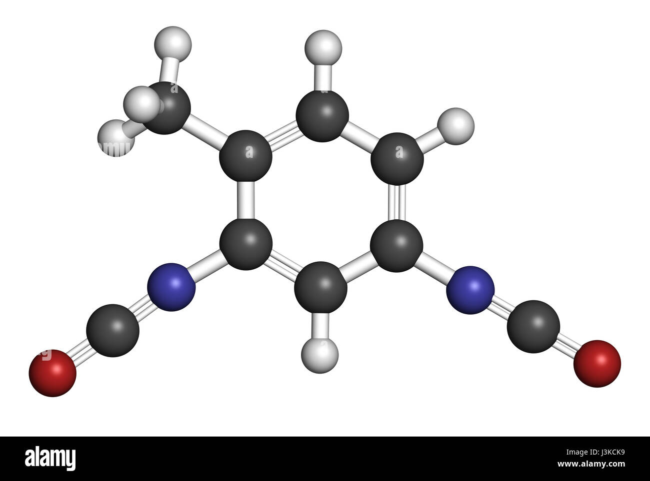 Toluene diisocyanate (TDI, 2,4-TDI) polyurethane building block molecule. May be a carcinogen. Atoms are represented as spheres with conventional colo Stock Photo