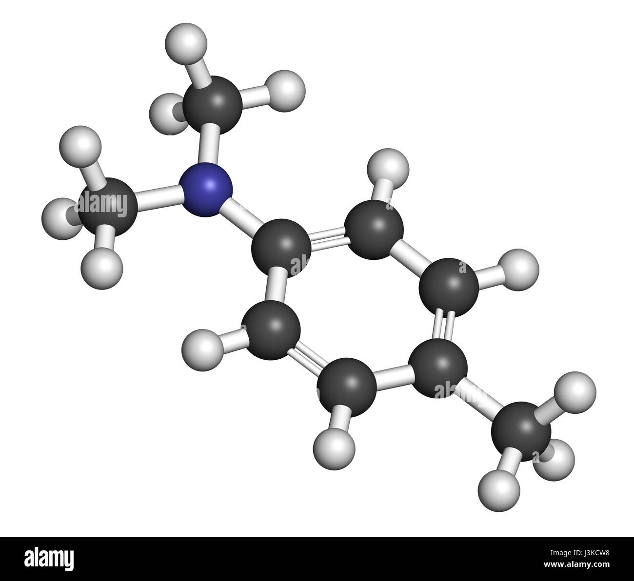N,N-dimethyl-p-toluidine (DMPT) molecule. Commonly used as catalyst in the production of polymers and in dental materials and bone cements. Atoms are  Stock Photo