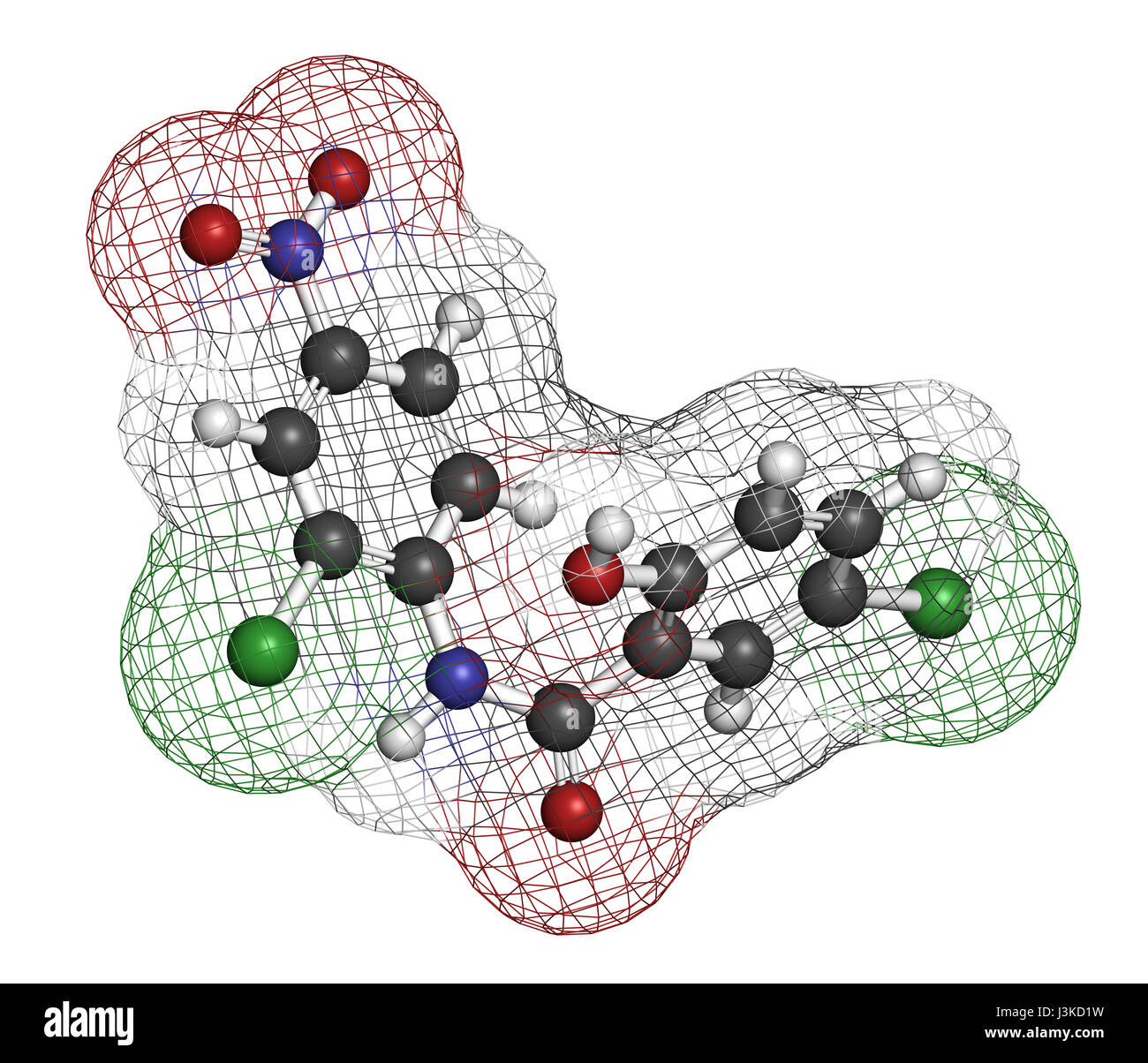 Niclosamide tapeworm drug molecule (anthelmintic). May be useful as antidiabetic drug, acting as a mitochondrial uncoupler. Atoms are represented as s Stock Photo