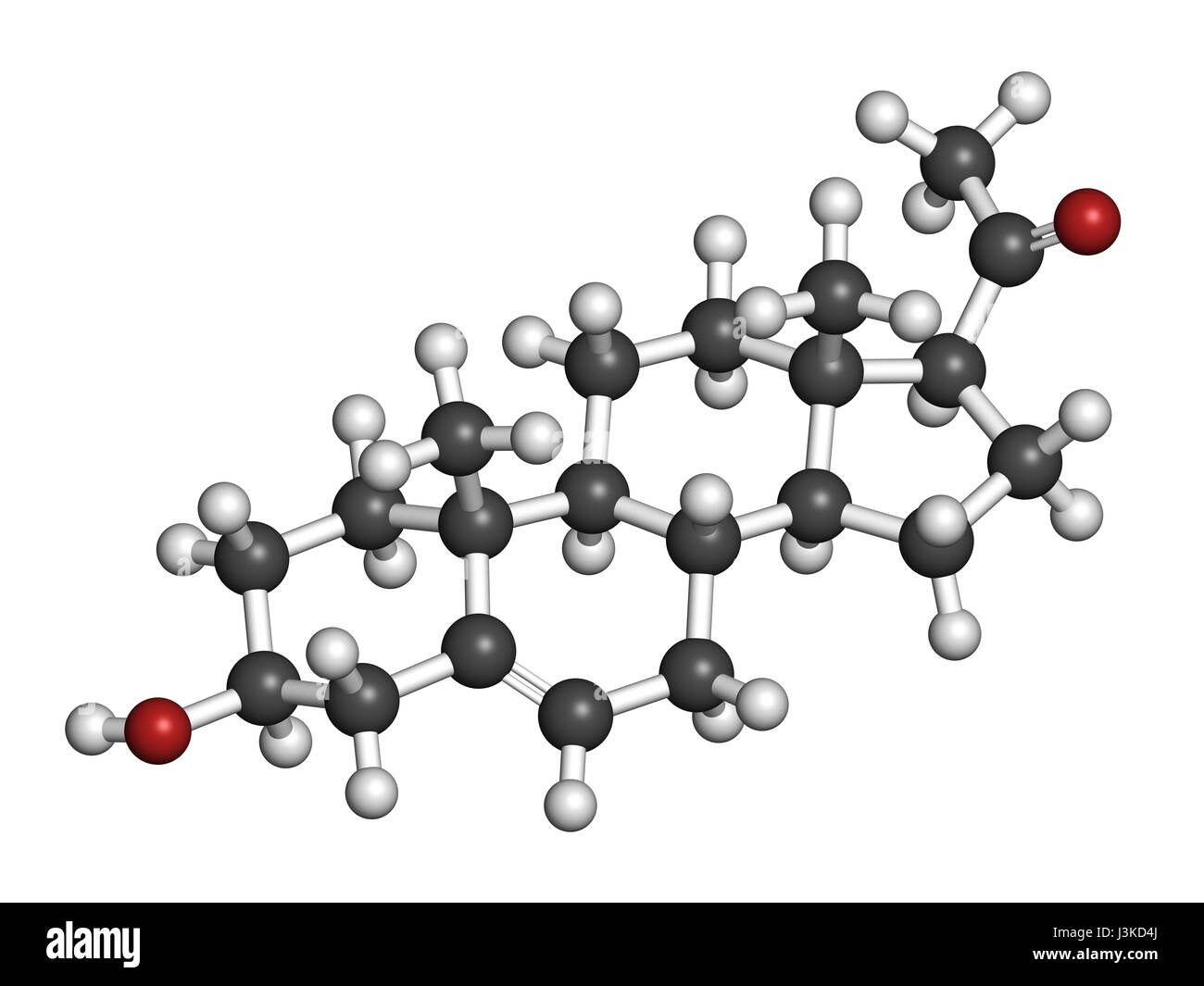 Pregnenolone hormone molecule. Functions both as prohormone and neurosteroid. Atoms are represented as spheres with conventional color coding: hydroge Stock Photo