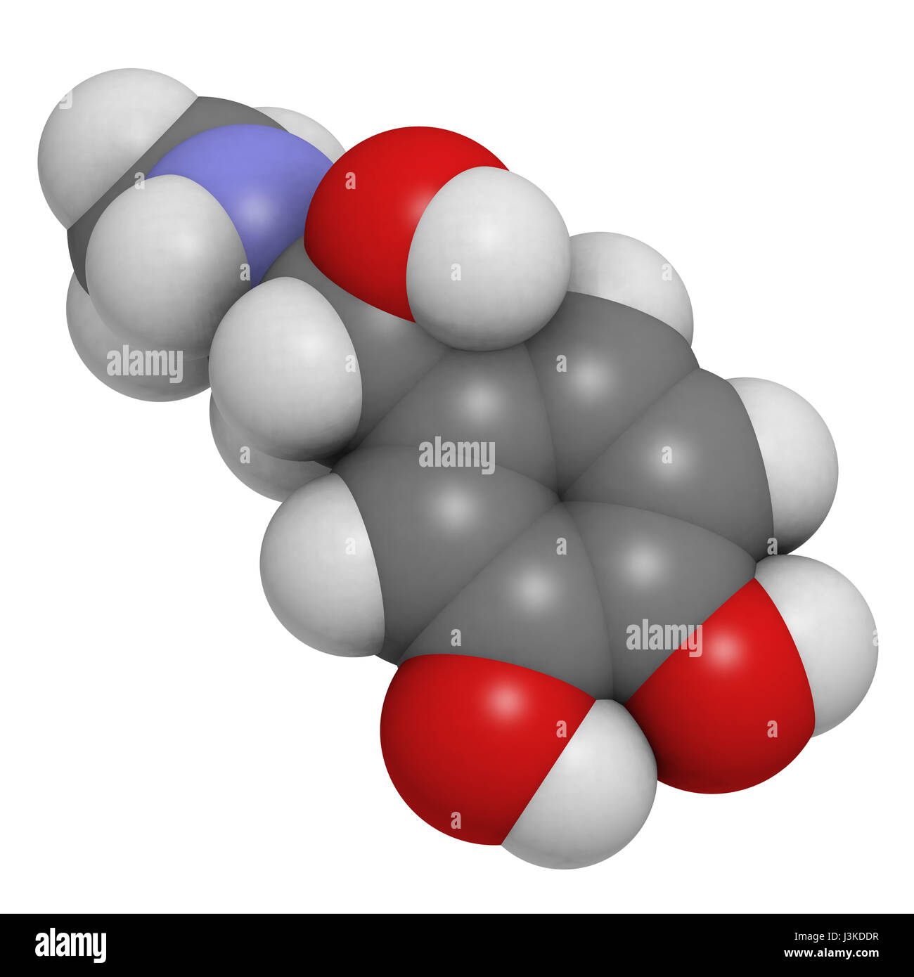 Adrenaline (epinephrine) hormone and neurotransmitter, molecular model. Atoms are represented as spheres with conventional color coding: hydrogen (whi Stock Photo