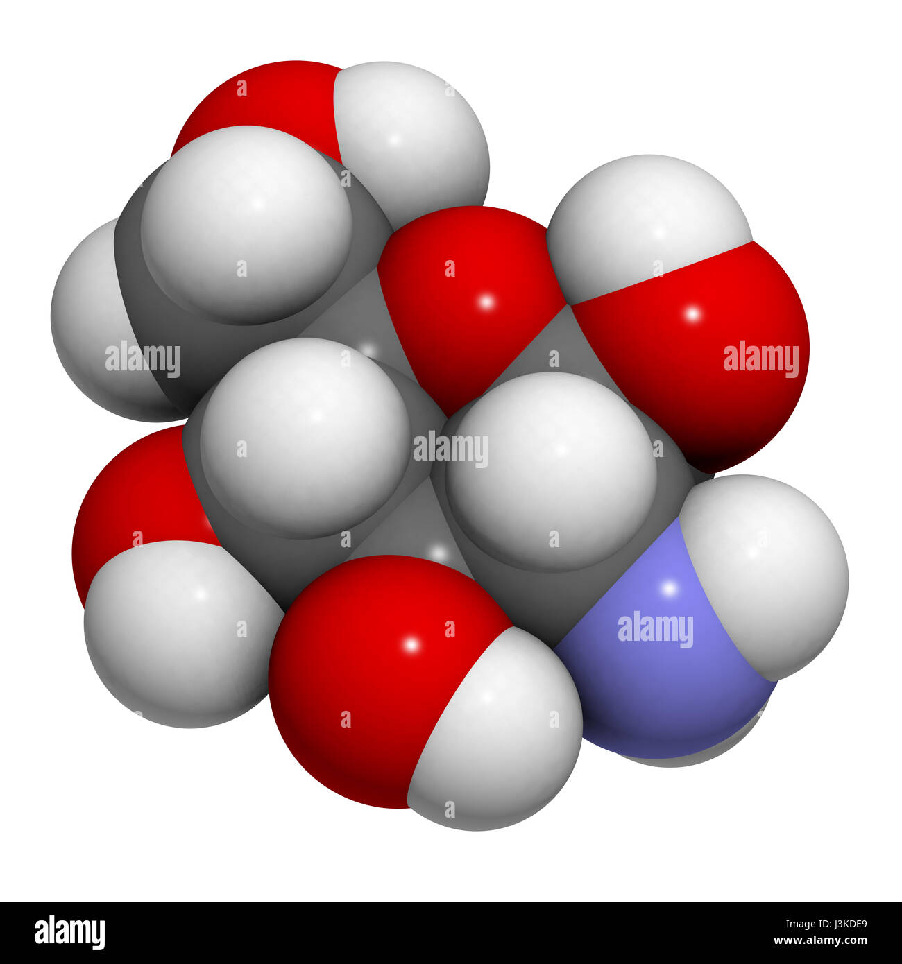 Glucosamine food supplement molecule. Atoms are represented as spheres with conventional color coding: hydrogen (white), carbon (grey), oxygen (red),  Stock Photo