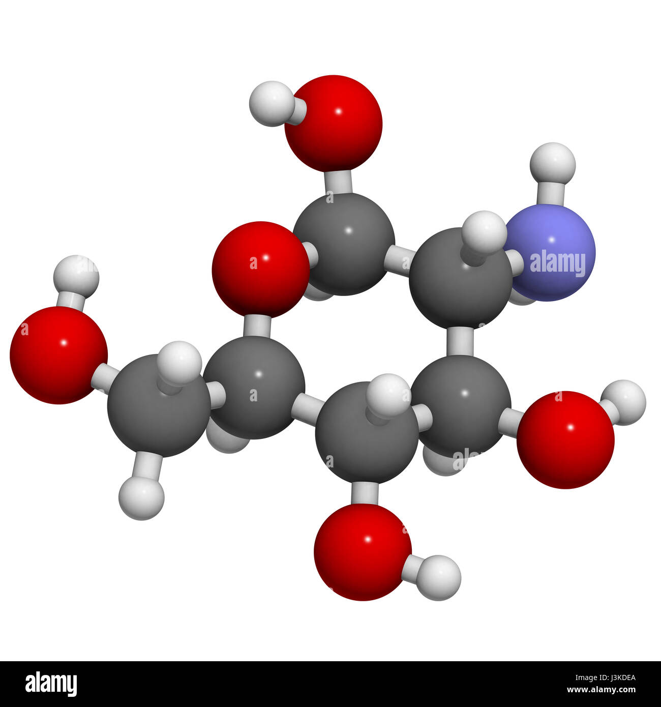 Glucosamine food supplement molecule. Atoms are represented as spheres with conventional color coding: hydrogen (white), carbon (grey), oxygen (red),  Stock Photo