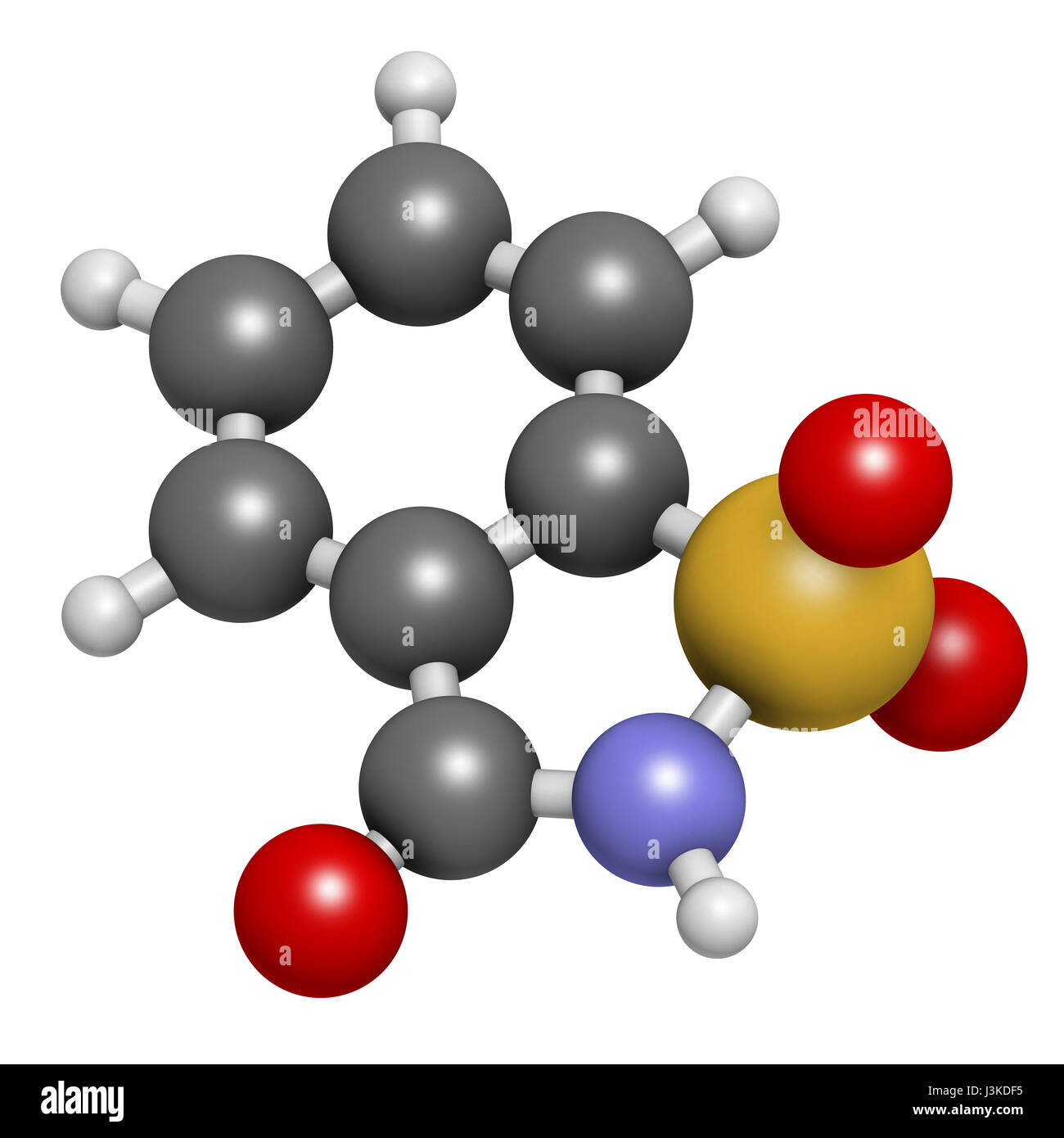 Saccharin artificial sweetener molecule. Atoms are represented as