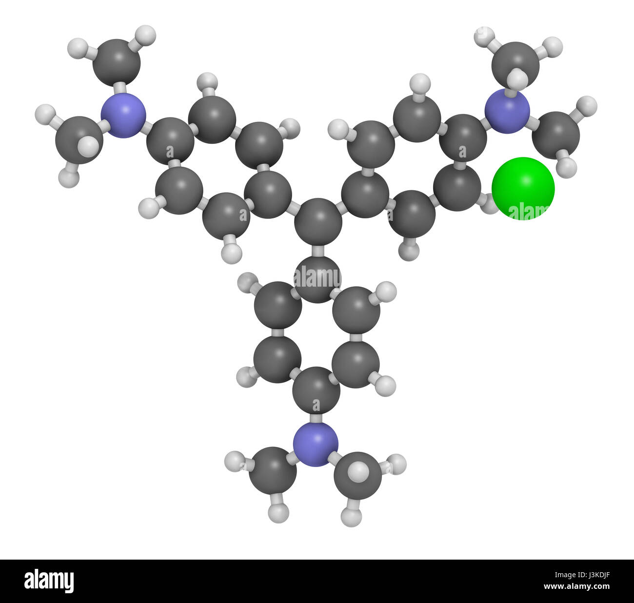 Crystal (gentian) violet molecule. Dye used in Gram staining of bacteria. Atoms are represented as spheres with conventional color coding: hydrogen (w Stock Photo