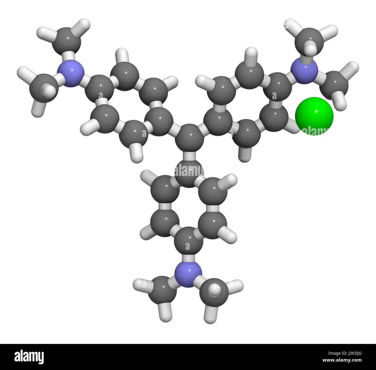 Crystal (gentian) violet molecule. Dye used in Gram staining of bacteria. Atoms are represented as spheres with conventional color coding: hydrogen (w Stock Photo