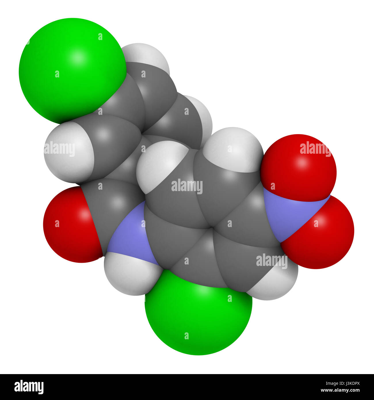 Niclosamide tapeworm drug molecule (anthelmintic). May be useful as antidiabetic drug, acting as a mitochondrial uncoupler. Atoms are represented as s Stock Photo