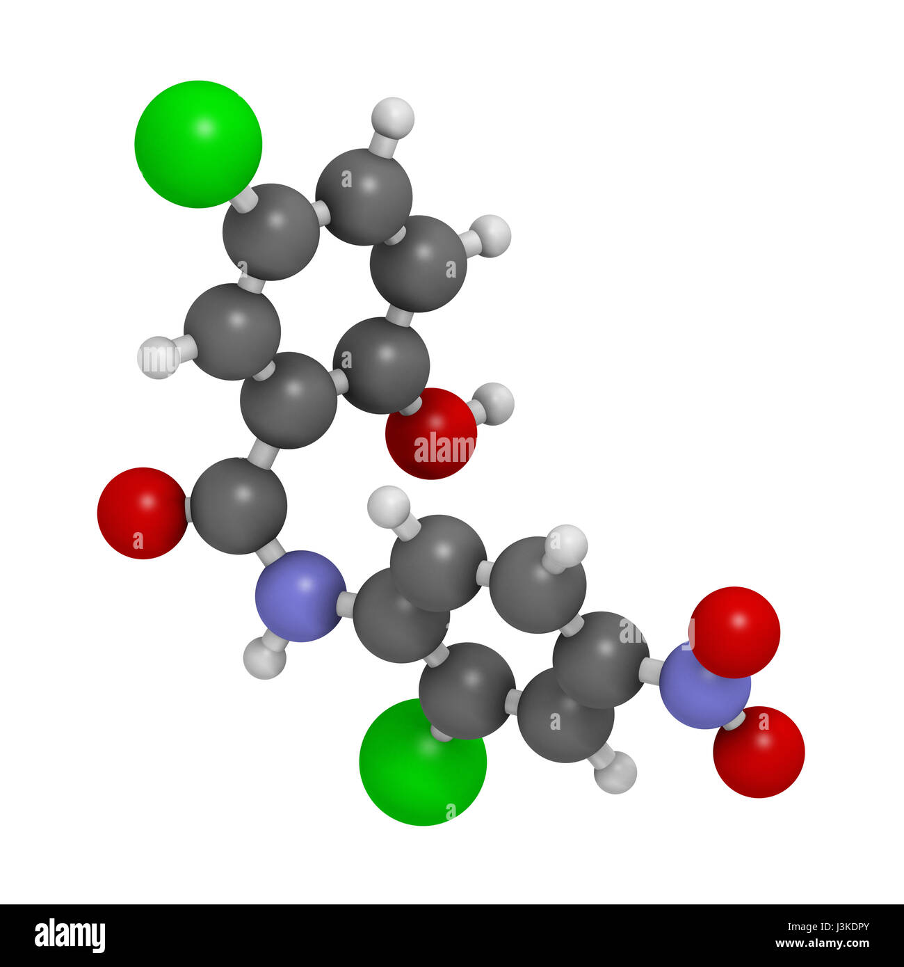 Niclosamide tapeworm drug molecule (anthelmintic). May be useful as antidiabetic drug, acting as a mitochondrial uncoupler. Atoms are represented as s Stock Photo