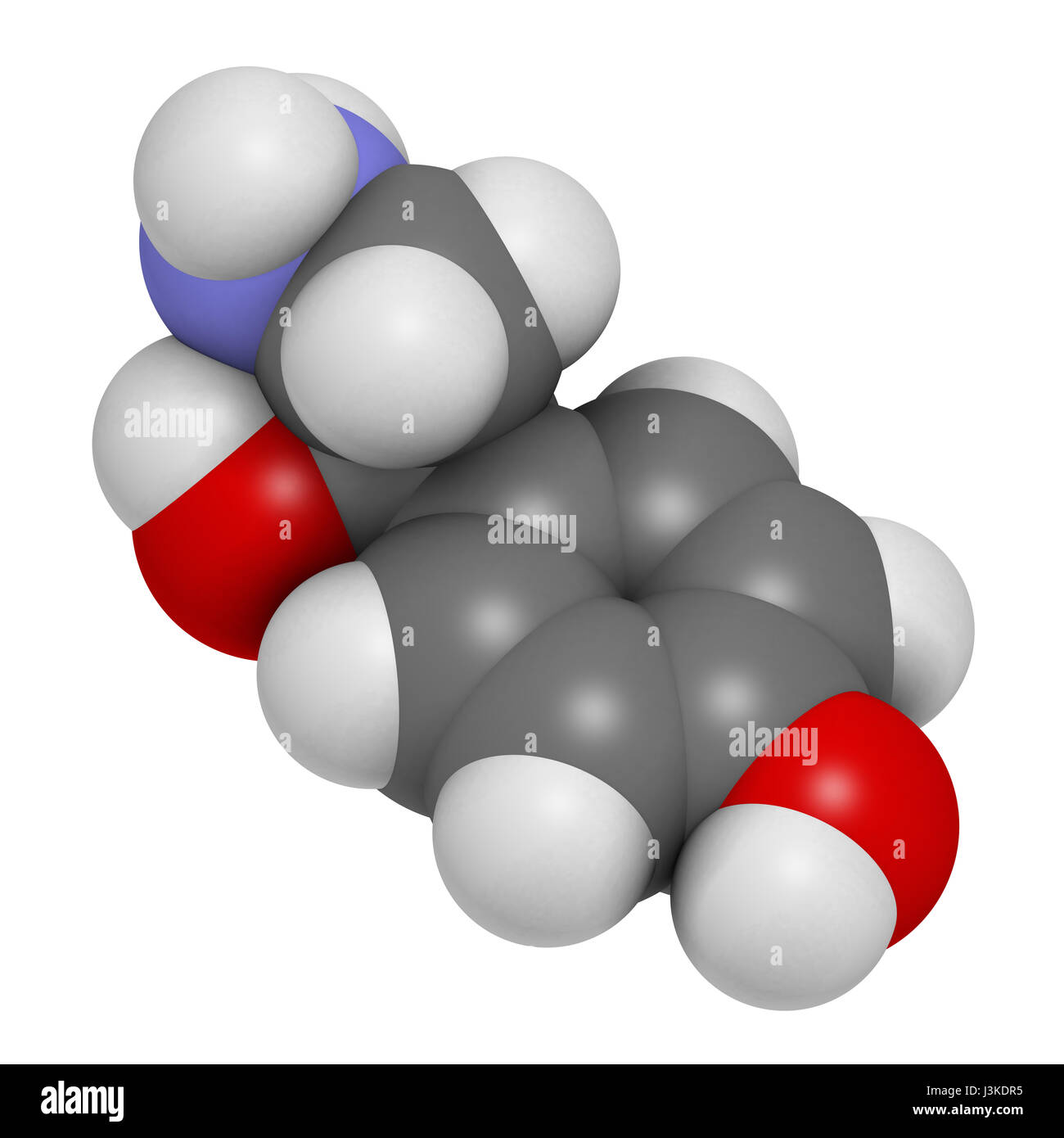 Octopamine stimulant drug molecule (sympathomimetic agent). Atoms are represented as spheres with conventional color coding: hydrogen (white), carbon  Stock Photo