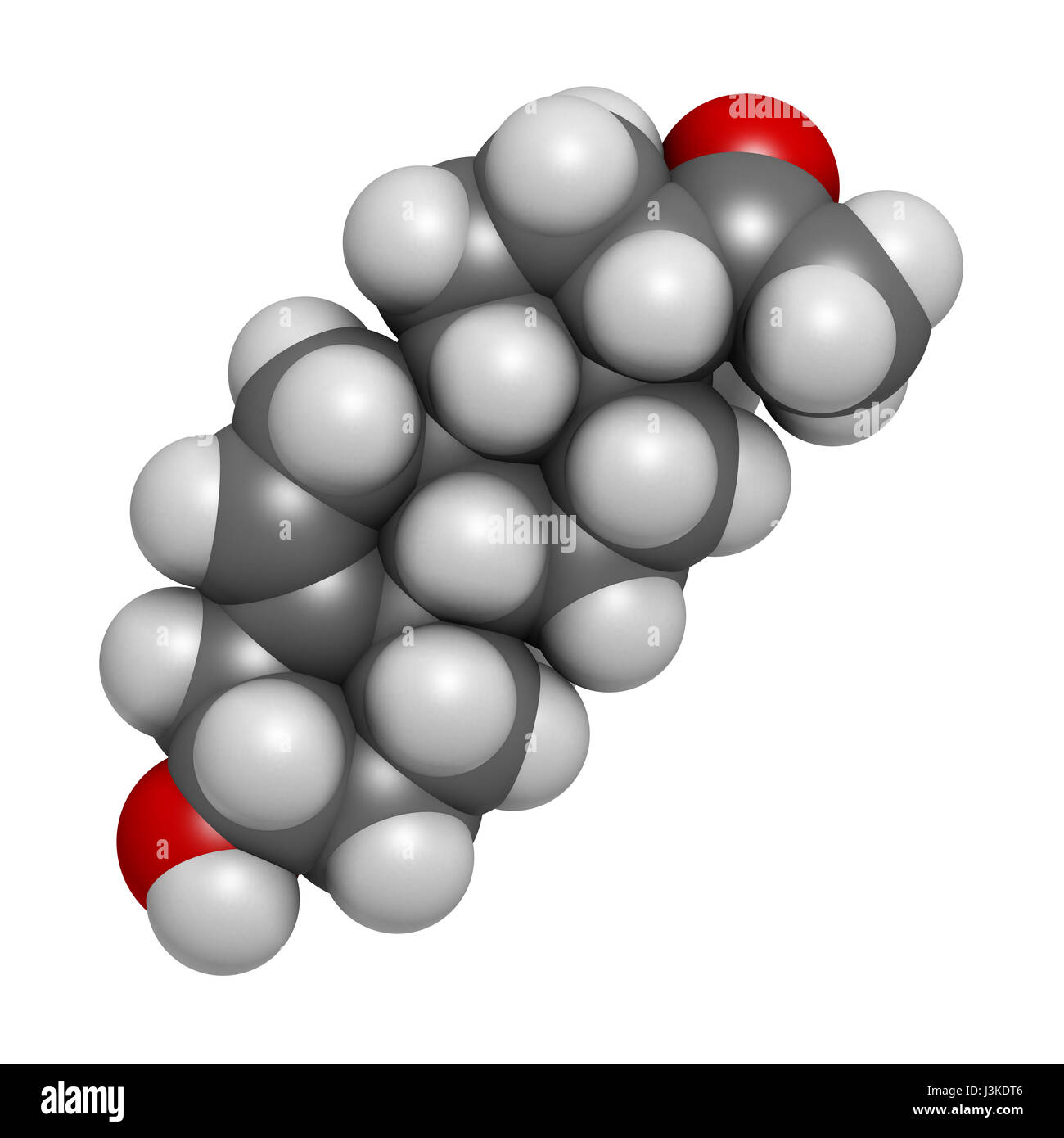 Pregnenolone hormone molecule. Functions both as prohormone and neurosteroid. Atoms are represented as spheres with conventional color coding: hydroge Stock Photo
