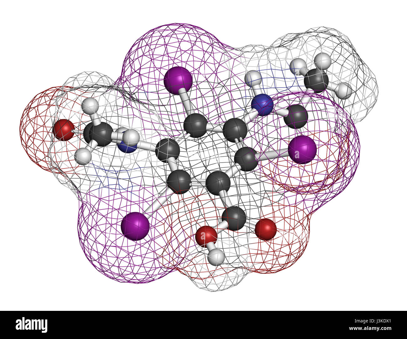 Diatrizoic acid (diatrizoate, amidotrizoate) contrast agent molecule. Atoms are represented as spheres with conventional color coding: hydrogen (white Stock Photo