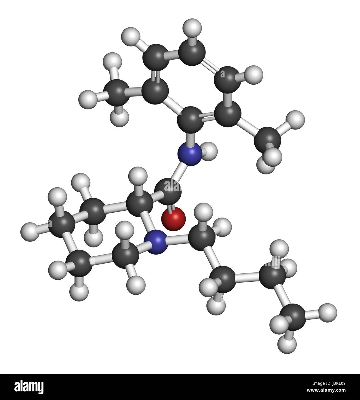 Bupivacaine epidural anesthetic drug molecule (local anesthetic). Atoms