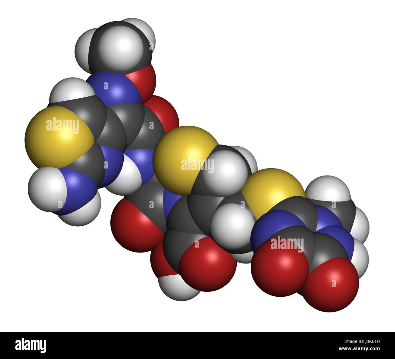 Ceftriaxone antibiotic drug molecule (cephalosporin, third generation). Atoms are represented as spheres with conventional color coding: hydrogen (whi Stock Photo