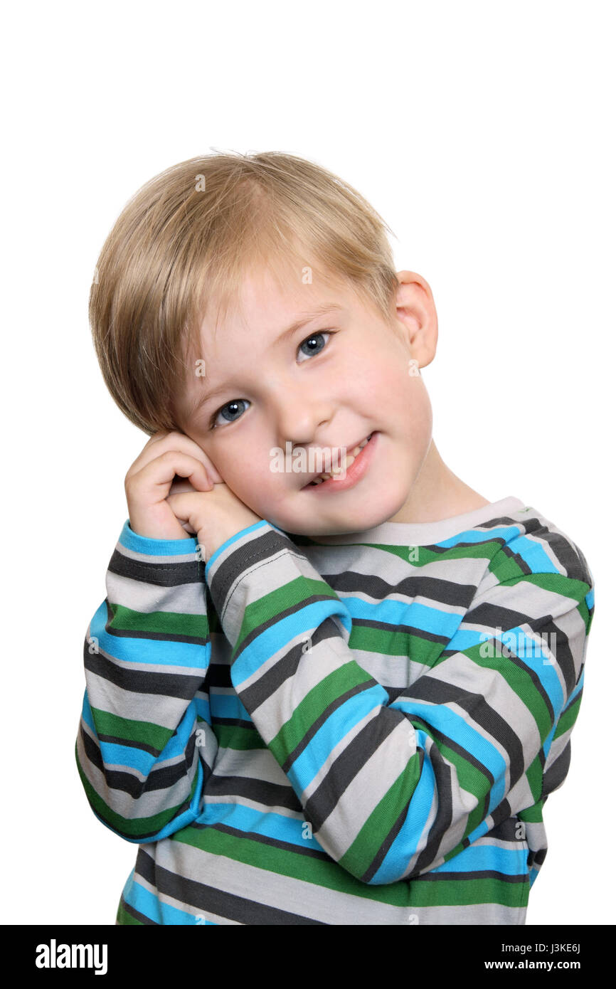 Cute little boy embarrassed, isolated on white background Stock Photo
