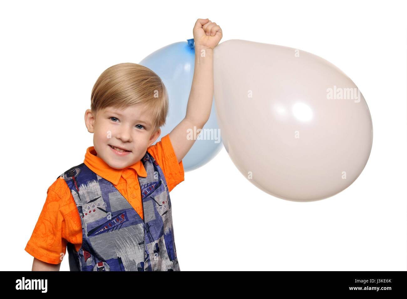 Cheerful boy with balloons, isolated on white background Stock Photo
