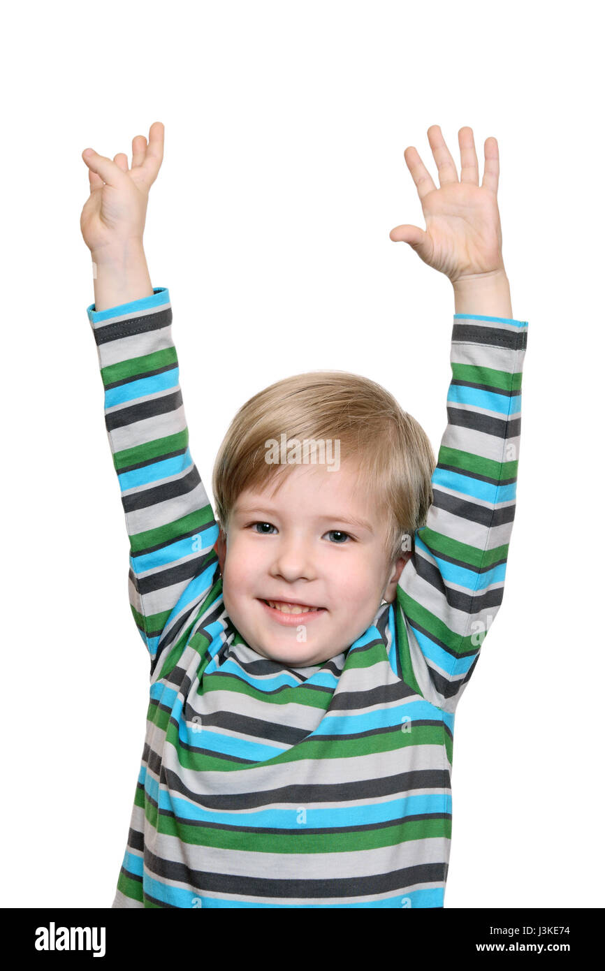 Positive emotions of a joyful kid, isolated on white background Stock Photo