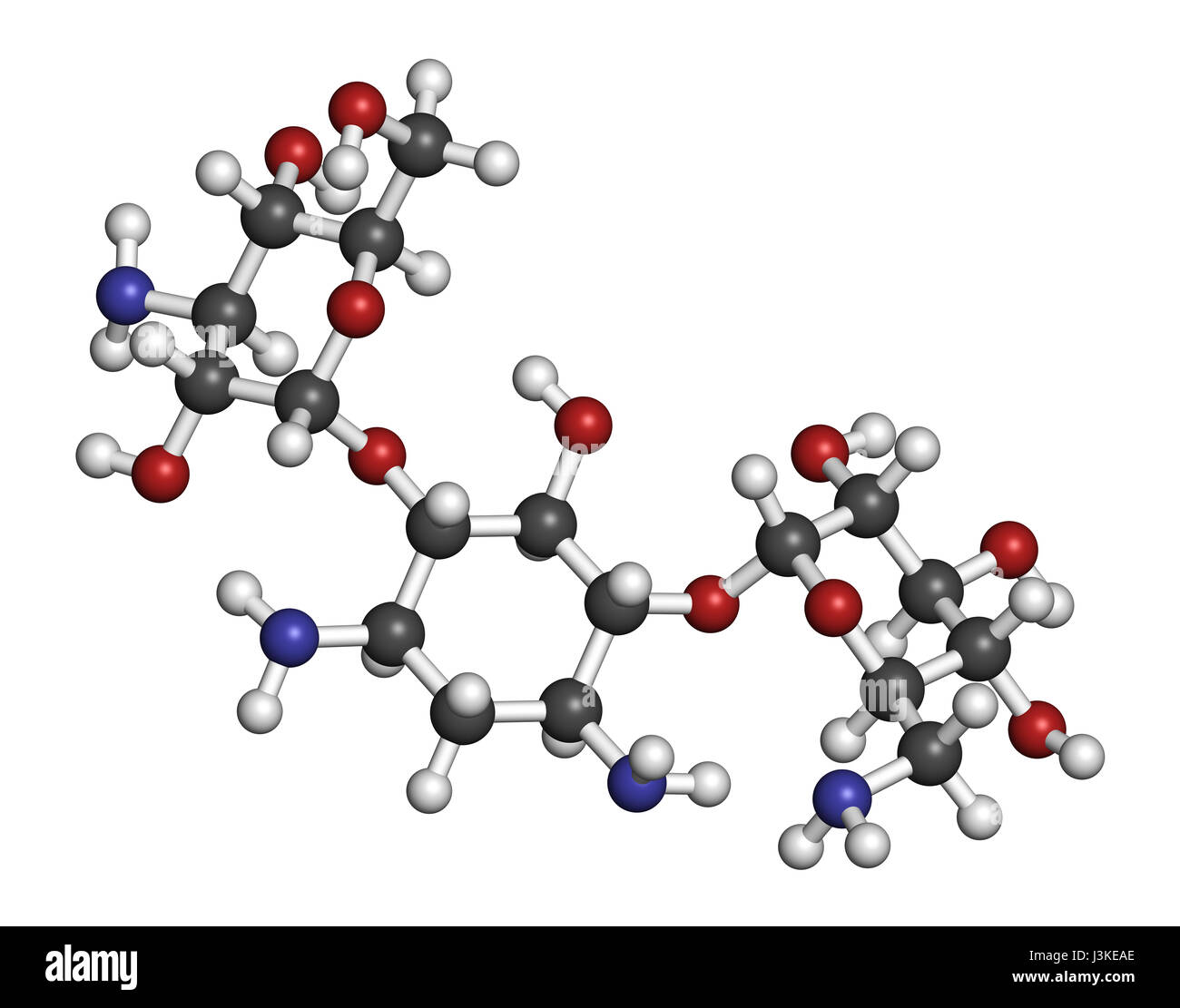 Kanamycin antibiotic drug molecule (aminoglycoside). Atoms are