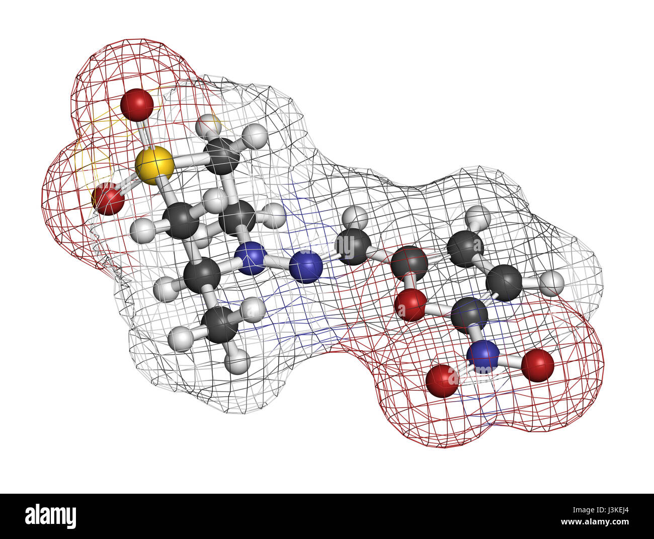 Nifurtimox antiparasitic drug molecule. Used in treatment of Chagas disease and sleeping sickness. Atoms are represented as spheres with conventional  Stock Photo