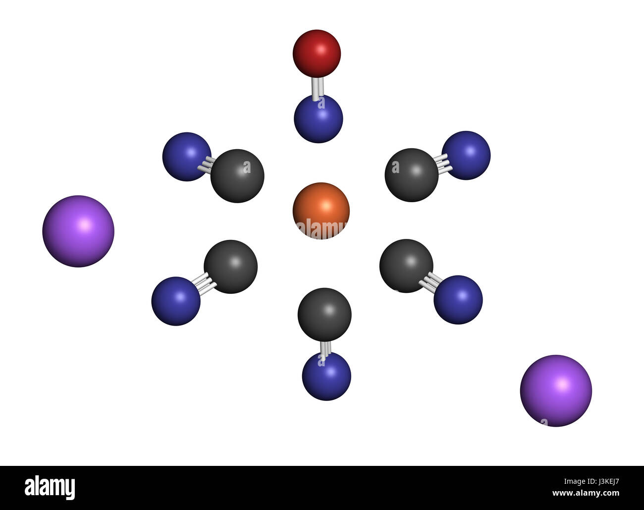 Sodium nitroprusside (SNP) antihypertensive drug molecule. Atoms are ...