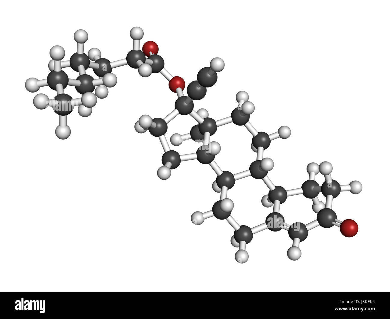 Norethisterone enanthate (norethindrone aenanthate) injectable contraceptive drug molecule. Atoms are represented as spheres with conventional color c Stock Photo