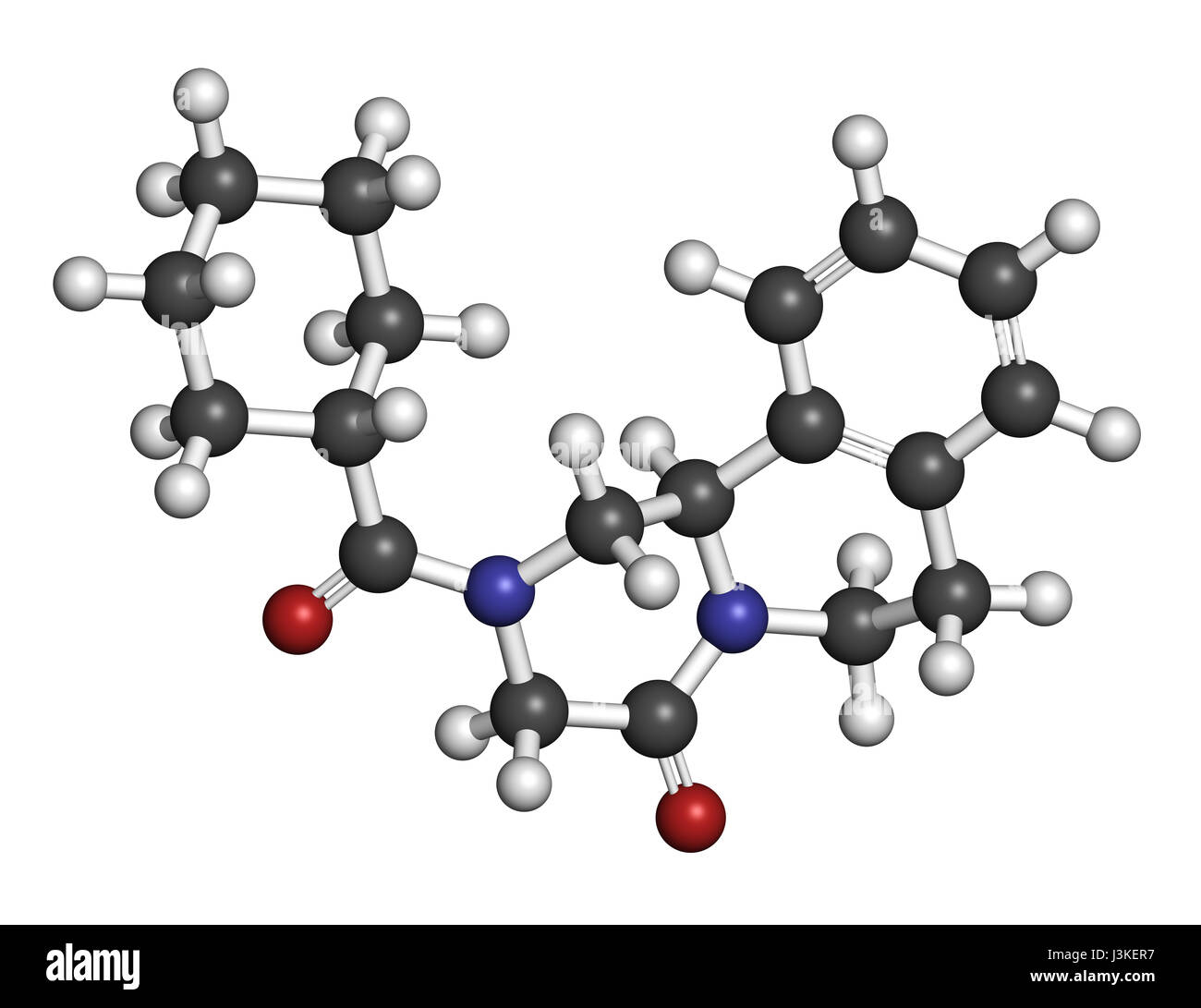 Praziquantel anthelmintic drug molecule. Used to treat tapeworm infections. Atoms are represented as spheres with conventional color coding: hydrogen  Stock Photo