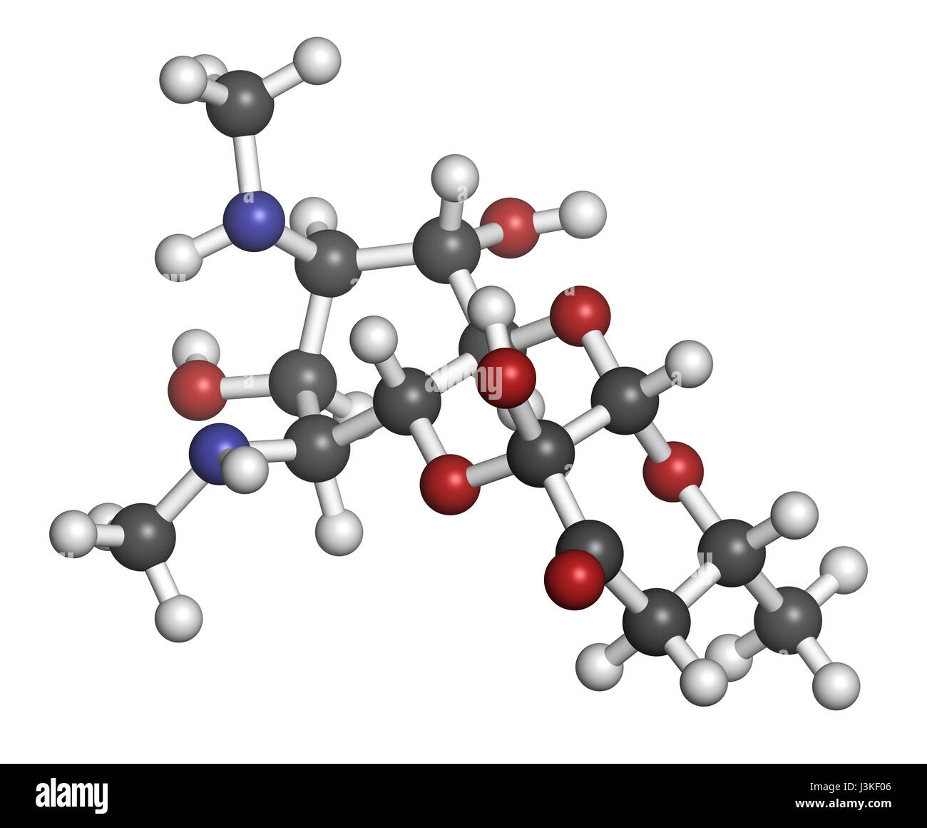 Spectinomycin gonorrhea drug molecule. Antibiotic of the aminocyclitol class. Atoms are represented as spheres with conventional color coding: hydroge Stock Photo