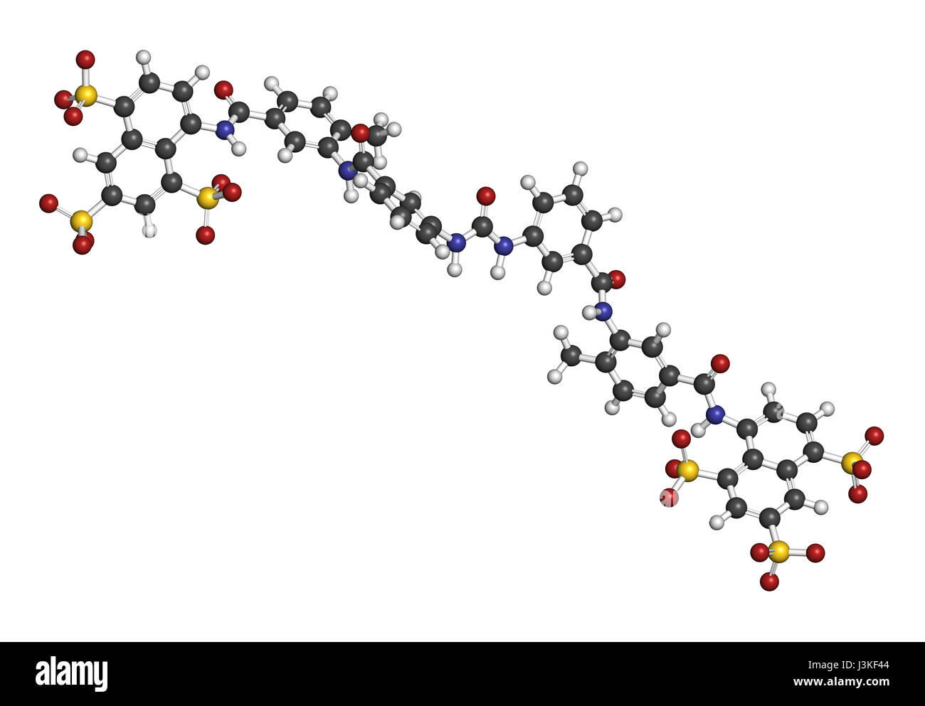 Suramin sleeping sickness drug molecule. Atoms are represented as spheres with conventional color coding: hydrogen (white), carbon (grey), oxygen (red Stock Photo