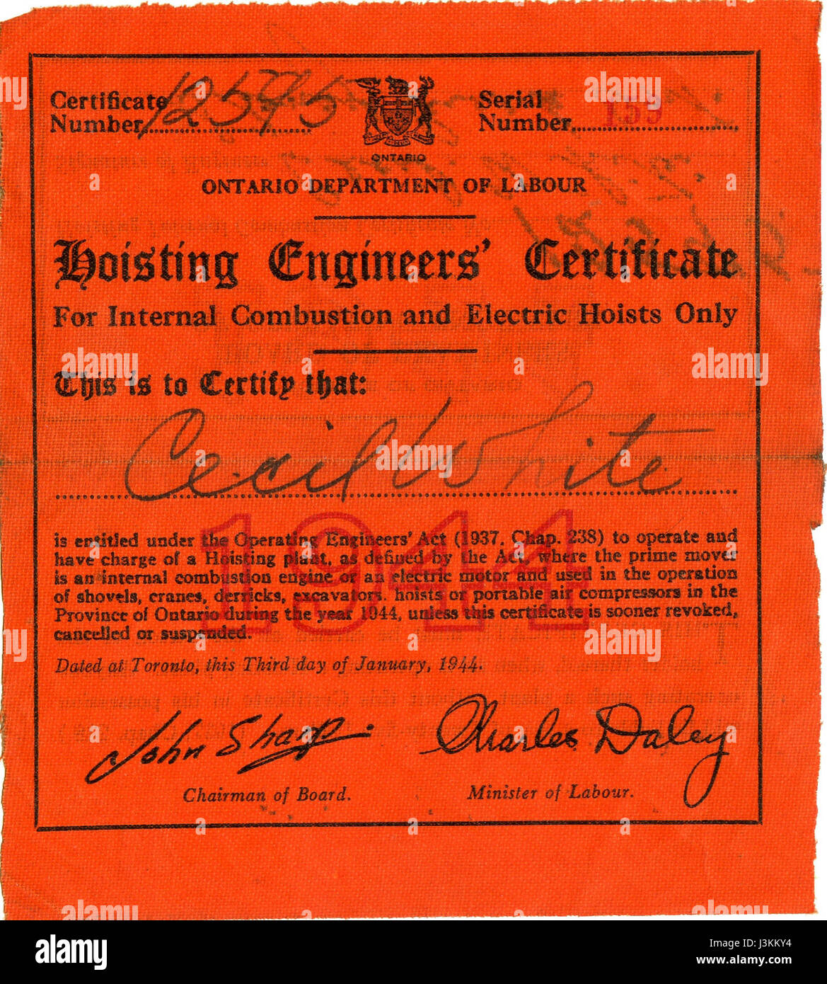 Hoisting Engineers Certificate 1944 Stock Photo Alamy