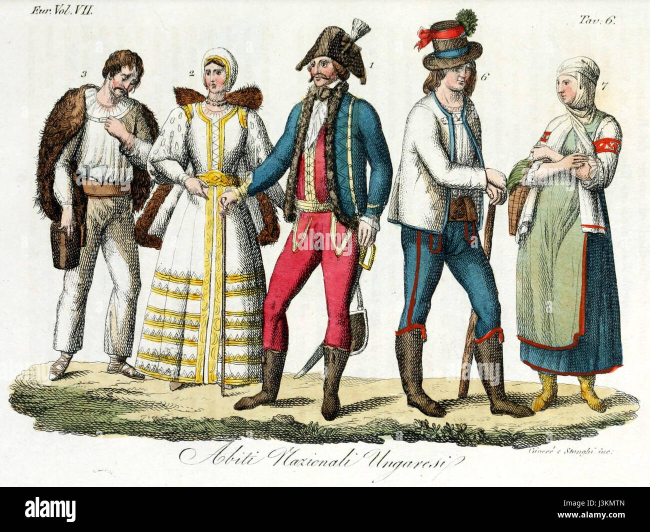 Hungarian traditional costumes, Illustration for Il costume antico e moderno  by Giulio Ferrario 1831 (9 Stock Photo - Alamy