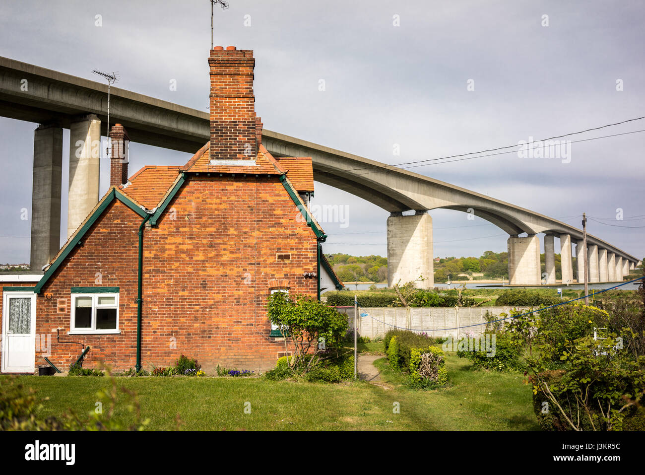 The Orwell Bridge opened to road traffic in 1982 and carries the A14 (then A45) over the River Orwell just south of Ipswich in Suffolk, England. Stock Photo