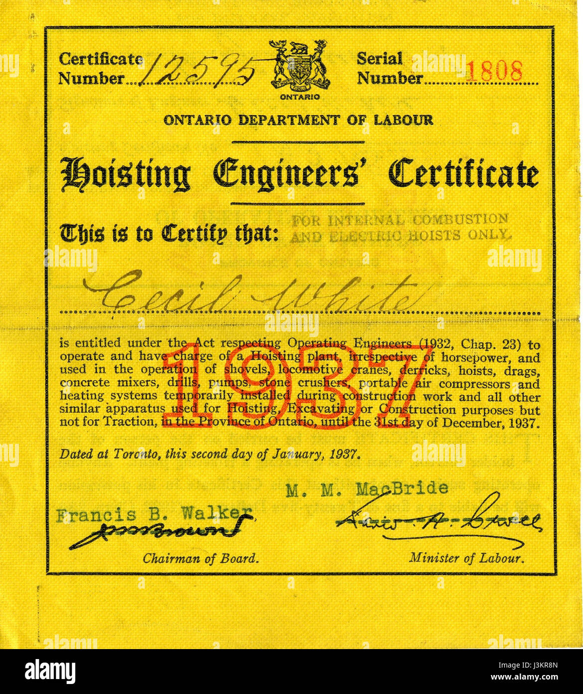 Hoisting Engineers Certificate 1937 Stock Photo Alamy