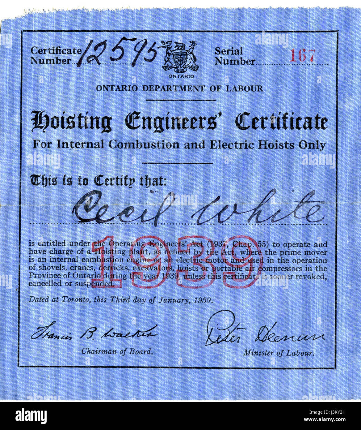 Hoisting Engineers Certificate 1938 Stock Photo Alamy
