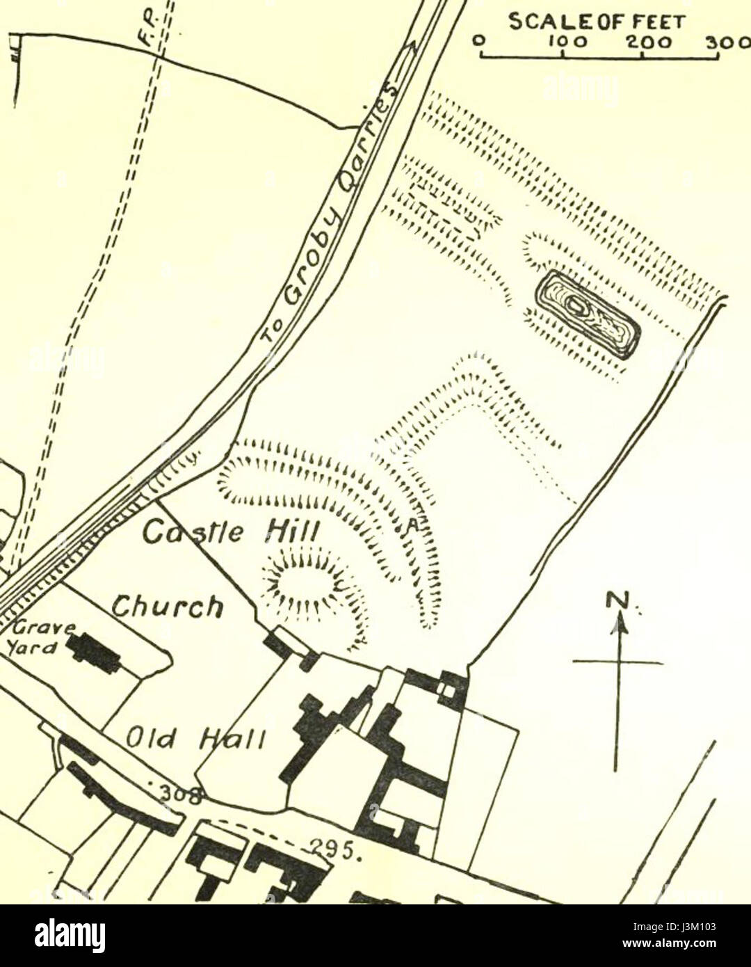 This is a detailed plan of Groby Castle, a historic structure in Leicestershire, England. The plan showcases the castle's architectural layout and historical design, reflecting its role in English medieval history. Stock Photo