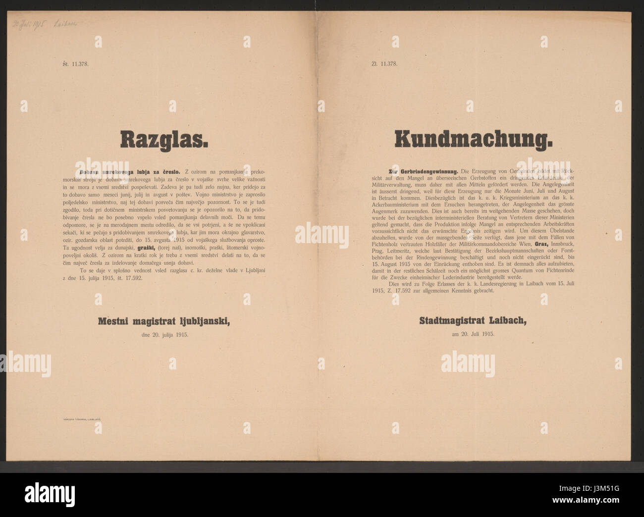 Gerbrindengewinnung   Bekanntmachung   Laibach   Mehrsprachiges Plakat 1915 Stock Photo