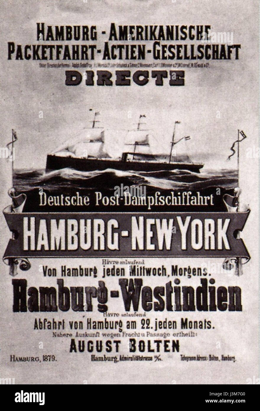The 1879 HAPAG Plakat is a historic advertisement poster from the Hamburg-Amerikanische Packetfahrt-Actien-Gesellschaft, showcasing the company's shipping and travel services during the late 19th century. Stock Photo
